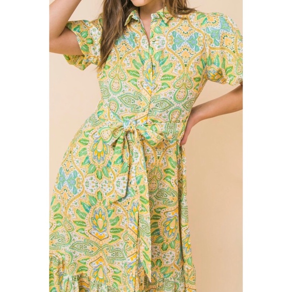 Flying Tomato Paisley Print Tie Waist Ruffle Hem Midi Dress - Picture 2 of 6